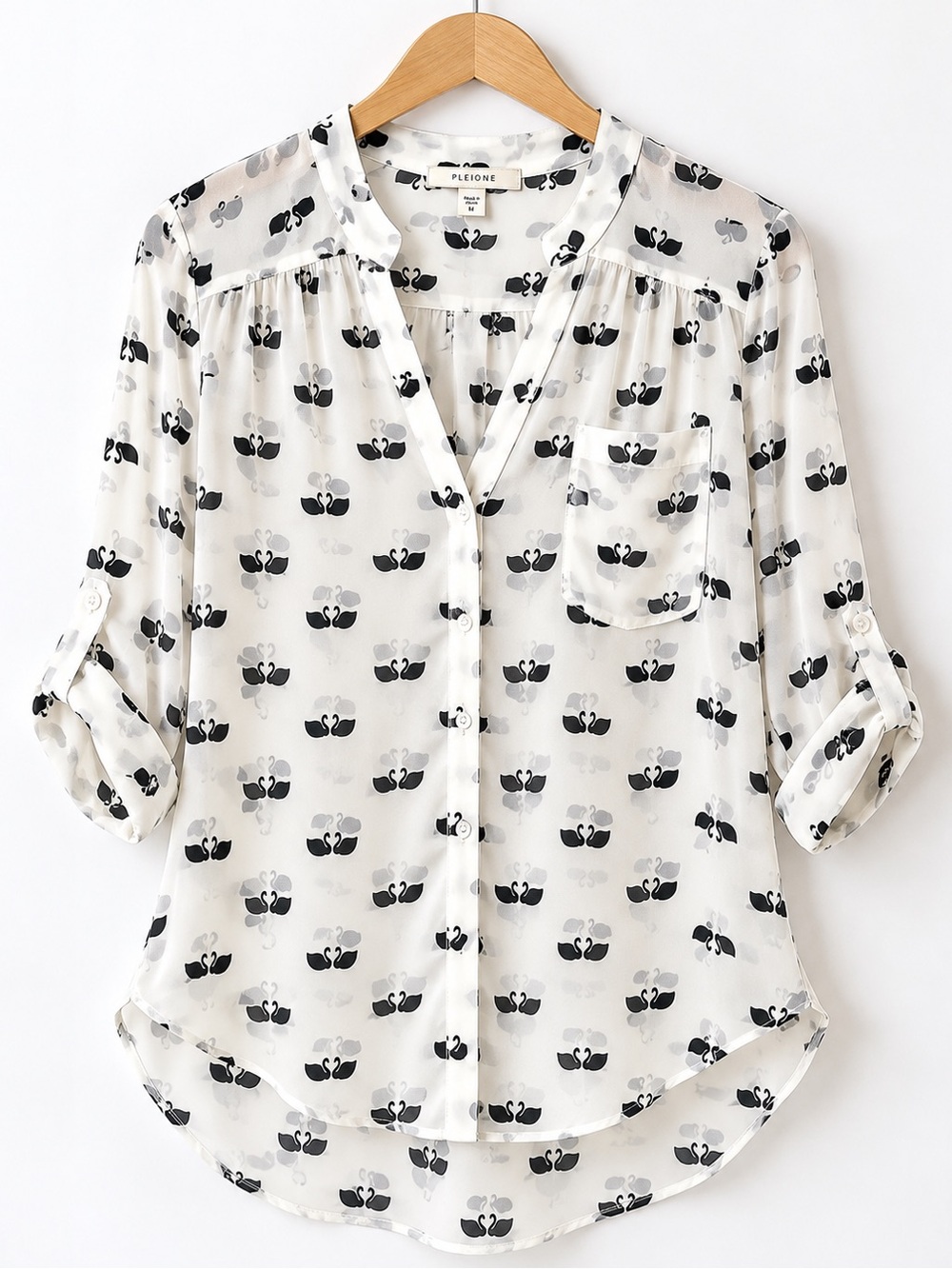Pleione Swan Print Sheer Blouse Roll Tab Sleeve High Low Top M